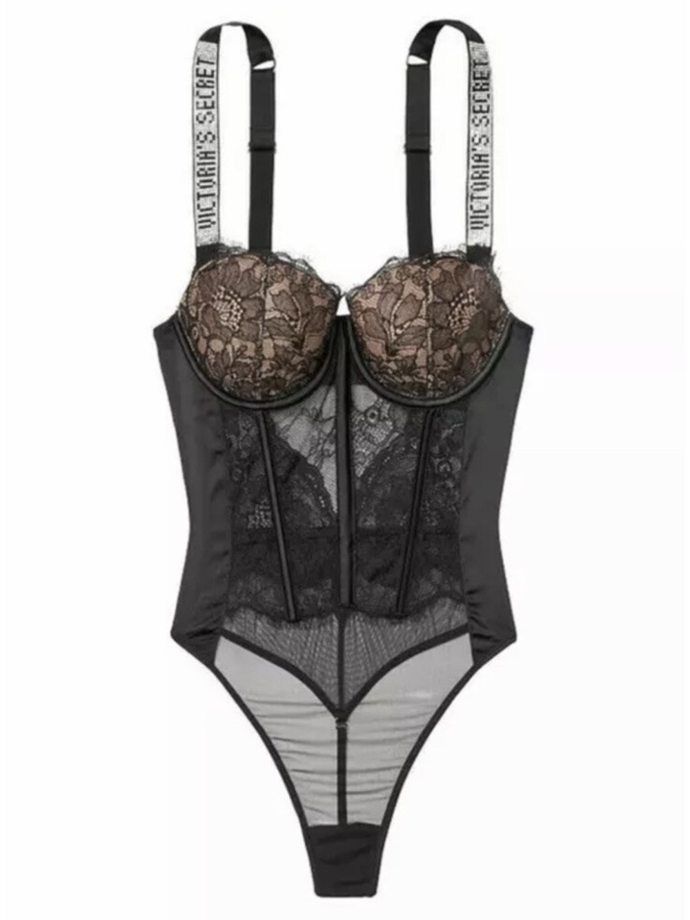 Victoria's Secret Black Lace & Nude Contrast Bodysuit